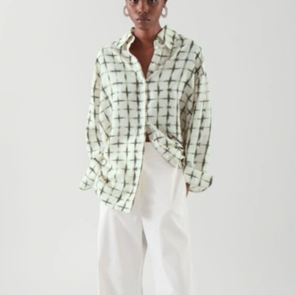 COS • 100% Silk Print Blouse **SEE MEASUREMENTS** Off-White Green Oversized - Picture 2 of 15